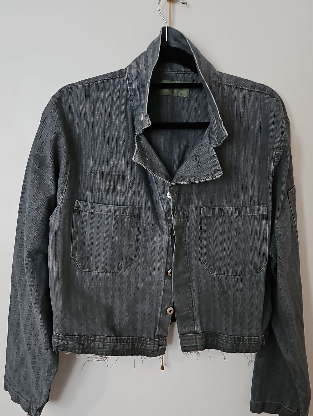 Women's Washed Stripe Worker Jacket - Blue Cropped